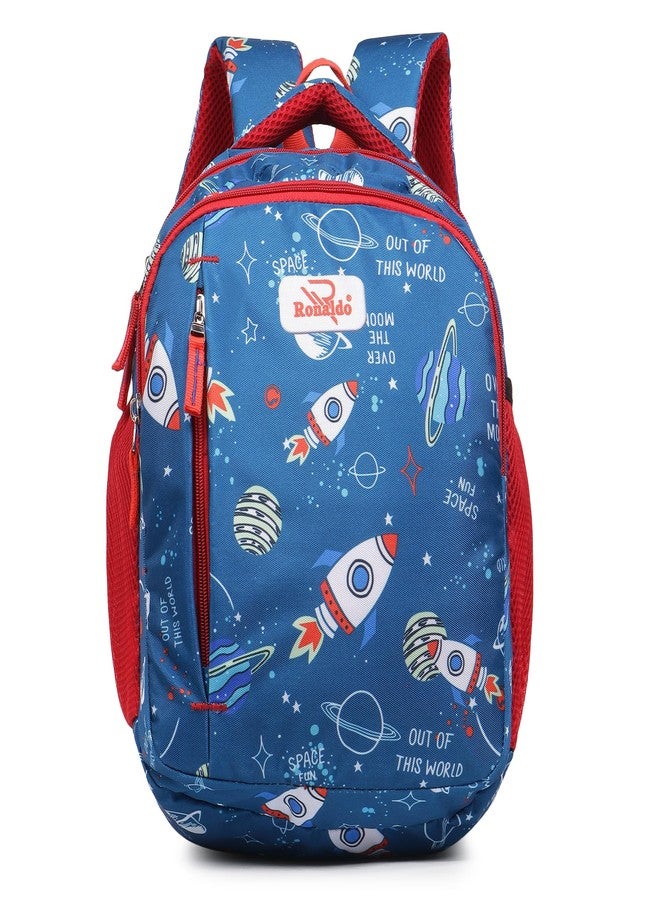 Ronaldo School Bag Space Adventure Kids Backpack Colorful Astronaut Print for Boys and Girls Ages 3-7 Years (Airforce Blue) - Image 2
